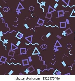 Seamless Memphis Background. Abstract Color Texture with Lines and Geometric Figures for Dress, Paper, Tablecloth. Vintage Seamless Multicolor Background in Memphis Style for your Design. Vector.