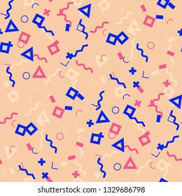 Seamless Memphis Background. Abstract Color Texture with Lines and Geometric Figures for Print, Fabric, Textile.  Trendy Seamless Multicolor Background in Memphis Style for your Design. Vector.