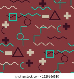 Seamless Memphis Background. Abstract Color Texture with Lines and Geometric Figures for Print, Fabric, Cloth. Modern Seamless Multicolor Background in Memphis Style for your Design. Vector.