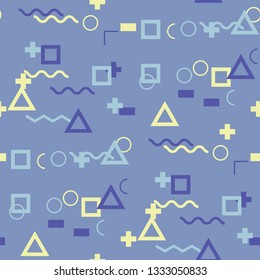 Seamless Memphis Background. Abstract Color Texture with Lines and Geometric Figures for Dress, Paper, Tablecloth. Modern Seamless Multicolor Background in Memphis Style for your Design. Vector.