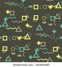Seamless Memphis Background. Abstract Color Texture with Lines and Geometric Figures for Print, Cloth, Textile. Trendy Seamless Multicolor Background in Memphis Style for your Design. Vector.