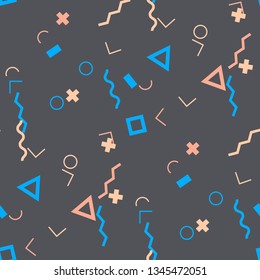 Seamless Memphis Background. Abstract Color Texture with Lines and Geometric Figures for Print, Fabric, Textile. Vintage Seamless Multicolor Background in Memphis Style for your Design. Vector.