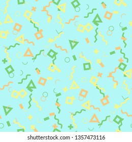 Seamless Memphis Background. Abstract Color Texture with Lines and Geometric Figures for Cotton, Calico, Textile. Trendy Seamless Multicolor Background in Memphis Style for your Design. Vector.