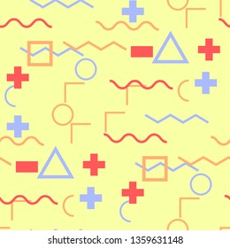 Seamless Memphis Background. Abstract Color Texture with Lines and Geometric Figures for Chintz, Curtain, Paper. Vintage Seamless Multicolor Background in Memphis Style for your Design. Vector.