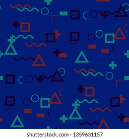 Seamless Memphis Background. Abstract Color Texture with Lines and Geometric Figures for Dress, Curtain, Tablecloth. Retro Seamless Multicolor Background in Memphis Style for your Design. Vector.