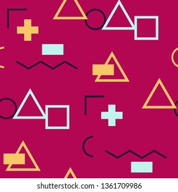 Seamless Memphis Background. Abstract Color Texture with Lines and Geometric Figures for Dress, Curtain, Tablecloth. Vintage Seamless Multicolor Background in Memphis Style for your Design. Vector.