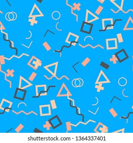 Seamless Memphis Background. Abstract Color Texture with Lines and Geometric Figures for Cotton, Print, Calico. Trendy Seamless Multicolor Background in Memphis Style for your Design. Vector.