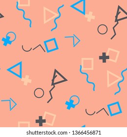 Seamless Memphis Background. Abstract Color Texture with Lines and Geometric Figures for Chintz, Linen, Paper. Vintage Seamless Multicolor Background in Memphis Style for your Design. Vector.