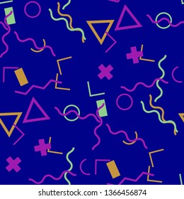 Seamless Memphis Background. Abstract Color Texture with Lines and Geometric Figures for Wallpaper, Print, Cotton. Retro Seamless Multicolor Background in Memphis Style for your Design. Vector.