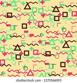 Seamless Memphis Background. Abstract Color Texture with Lines and Geometric Figures for Print, Cloth, Fabric. Retro Seamless Multicolor Background in Memphis Style for your Design. Vector.