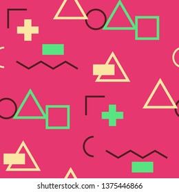 Seamless Memphis Background. Abstract Color Texture with Lines and Geometric Figures for Print, Cloth, Textile. Vintage Seamless Multicolor Background in Memphis Style for your Design. Vector.