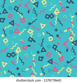 Seamless Memphis Background. Abstract Color Texture with Lines and Geometric Figures for Chintz, Linen, Paper. Modern Seamless Multicolor Background in Memphis Style for your Design. Vector.