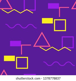 Seamless Memphis Background. Abstract Color Texture with Lines and Geometric Figures for Wallpaper, Cotton, Textile. Modern Seamless Multicolor Background in Memphis Style for your Design. Vector.