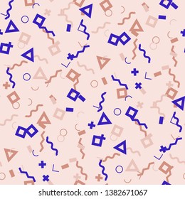 Seamless Memphis Background. Abstract Color Texture with Lines and Geometric Figures for Fabric, Cloth, Textile. Modern Seamless Multicolor Background in Memphis Style for your Design. Vector.