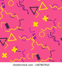 Seamless Memphis Background. Abstract Color Texture with Lines and Geometric Figures for Chintz, Linen, Paper. Retro Seamless Multicolor Background in Memphis Style for your Design. Vector.