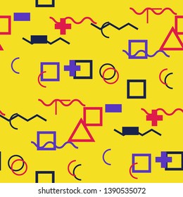 Seamless Memphis Background. Abstract Color Texture with Lines and Geometric Figures for Print, Fabric, Textile. Retro Seamless Multicolor Background in Memphis Style for your Design. Vector.