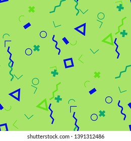 Seamless Memphis Background. Abstract Color Texture with Lines and Geometric Figures for Calico, Print, Textile. Trendy Seamless Multicolor Background in Memphis Style for your Design. Vector.