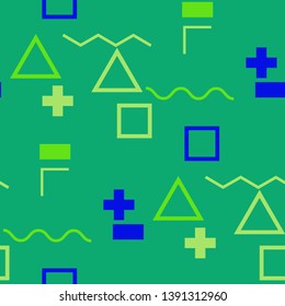 Seamless Memphis Background. Abstract Color Texture with Lines and Geometric Figures for Wallpaper, Print, Textile. Trendy Seamless Multicolor Background in Memphis Style for your Design. Vector.