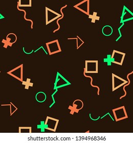 Seamless Memphis Background. Abstract Color Texture with Lines and Geometric Figures for Calico, Print, Textile. Vintage Seamless Multicolor Background in Memphis Style for your Design. Vector.