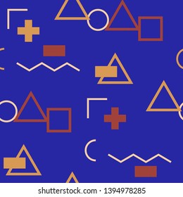 Seamless Memphis Background. Abstract Color Texture with Lines and Geometric Figures for Calico, Print, Textile. Vintage Seamless Multicolor Background in Memphis Style for your Design. Vector.
