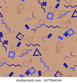 Seamless Memphis Background. Abstract Color Texture with Lines and Geometric Figures for Cotton, Calico, Textile. Trendy Seamless Multicolor Background in Memphis Style for your Design. Vector.