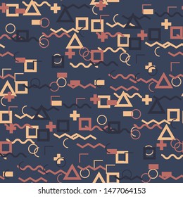 Seamless Memphis Background. Abstract Color Texture with Lines and Geometric Figures for Print, Cloth, Textile. Modern Seamless Multicolor Background in Memphis Style for your Design. Vector.