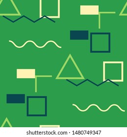 Seamless Memphis Background. Abstract Color Texture with Lines and Geometric Figures for Print, Cloth, Textile. Trendy Seamless Multicolor Background in Memphis Style for your Design. Vector.