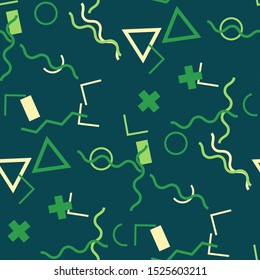 Seamless Memphis Background. Abstract Color Texture with Lines and Geometric Figures for Fabric, Cloth, Textile. Retro Seamless Multicolor Background in Memphis Style for your Design. Vector.