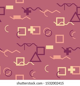 Seamless Memphis Background. Abstract Color Texture with Lines and Geometric Figures for Print, Fabric, Cloth. Trendy Seamless Multicolor Background in Memphis Style for your Design. Vector.