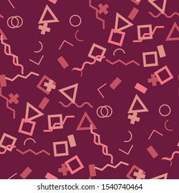 Seamless Memphis Background. Abstract Color Texture with Lines and Geometric Figures for Cotton, Print, Calico. Trendy Seamless Multicolor Background in Memphis Style for your Design. Vector.