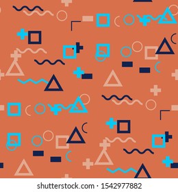 Seamless Memphis Background. Abstract Color Texture with Lines and Geometric Figures for Wallpaper, Print, Cotton. Retro Seamless Multicolor Background in Memphis Style for your Design. Vector.