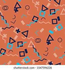 Seamless Memphis Background. Abstract Color Texture with Lines and Geometric Figures for Cotton, Calico, Textile. Retro Seamless Multicolor Background in Memphis Style for your Design. Vector.