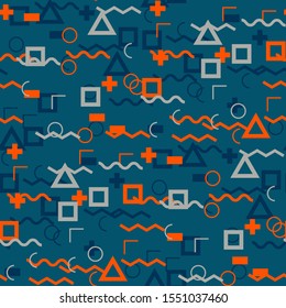 Seamless Memphis Background. Abstract Color Texture with Lines and Geometric Figures for Print, Cloth, Textile. Trendy Seamless Multicolor Background in Memphis Style for your Design. Vector.