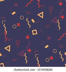 Seamless Memphis Background. Abstract Color Texture with Lines and Geometric Figures for Linen, Paper, Tablecloth. Vintage Seamless Multicolor Background in Memphis Style for your Design. Vector.