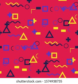 Seamless Memphis Background. Abstract Color Texture with Lines and Geometric Figures for Print, Cloth, Textile. Retro Seamless Multicolor Background in Memphis Style for your Design. Vector.