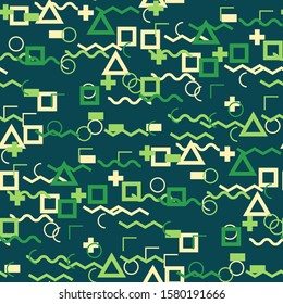 Seamless Memphis Background. Abstract Color Texture with Lines and Geometric Figures for Dress, Curtain, Tablecloth. Modern Seamless Multicolor Background in Memphis Style for your Design. Vector.