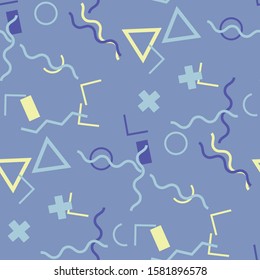 Seamless Memphis Background. Abstract Color Texture with Lines and Geometric Figures for Dress, Curtain, Paper. Retro Seamless Multicolor Background in Memphis Style for your Design. Vector.