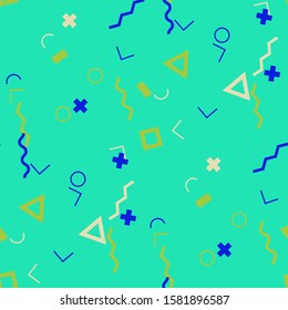 Seamless Memphis Background. Abstract Color Texture with Lines and Geometric Figures for Wallpaper, Print, Textile. Retro Seamless Multicolor Background in Memphis Style for your Design. Vector.