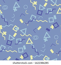 Seamless Memphis Background. Abstract Color Texture with Lines and Geometric Figures for Cotton, Print, Calico. Vintage Seamless Multicolor Background in Memphis Style for your Design. Vector.