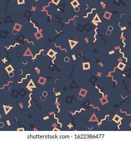 Seamless Memphis Background. Abstract Color Texture with Lines and Geometric Figures for Print, Fabric, Textile. Trendy Seamless Multicolor Background in Memphis Style for your Design. Vector.