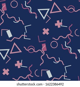 Seamless Memphis Background. Abstract Color Texture with Lines and Geometric Figures for Print, Fabric, Textile. Modern Seamless Multicolor Background in Memphis Style for your Design. Vector.