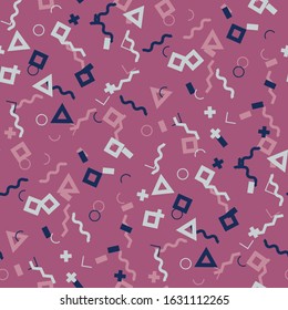 Seamless Memphis Background. Abstract Color Texture with Lines and Geometric Figures for Chintz, Curtain, Paper. Vintage Seamless Multicolor Background in Memphis Style for your Design. Vector.