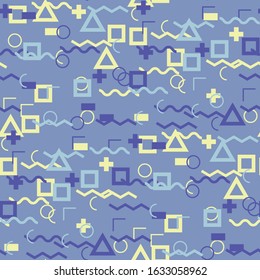 Seamless Memphis Background. Abstract Color Texture with Lines and Geometric Figures for Linen, Paper, Tablecloth. Retro Seamless Multicolor Background in Memphis Style for your Design. Vector.