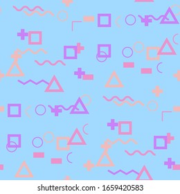 Seamless Memphis Background. Abstract Color Texture with Lines and Geometric Figures for Cotton, Print, Calico. Retro Seamless Multicolor Background in Memphis Style for your Design. Vector.