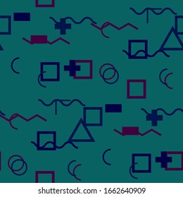 Seamless Memphis Background. Abstract Color Texture with Lines and Geometric Figures for Dress, Paper, Tablecloth. Retro Seamless Multicolor Background in Memphis Style for your Design. Vector.