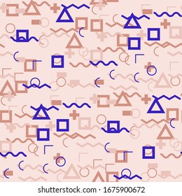 Seamless Memphis Background. Abstract Color Texture with Lines and Geometric Figures for Print, Fabric, Textile. Trendy Seamless Multicolor Background in Memphis Style for your Design. Vector.