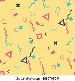 Seamless Memphis Background. Abstract Color Texture with Lines and Geometric Figures for Print, Cloth, Textile. Modern Seamless Multicolor Background in Memphis Style for your Design. Vector.
