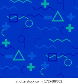 Seamless Memphis Background. Abstract Color Texture with Lines and Geometric Figures for Dress, Curtain, Paper. Modern Seamless Multicolor Background in Memphis Style for your Design. Vector.
