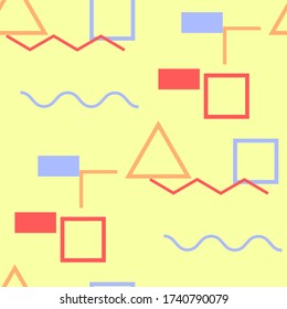 Seamless Memphis Background. Abstract Color Texture with Lines and Geometric Figures for Dress, Curtain, Tablecloth. Retro Seamless Multicolor Background in Memphis Style for your Design. Vector.