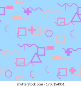 Seamless Memphis Background. Abstract Color Texture with Lines and Geometric Figures for Calico, Print, Textile. Vintage Seamless Multicolor Background in Memphis Style for your Design. Vector.